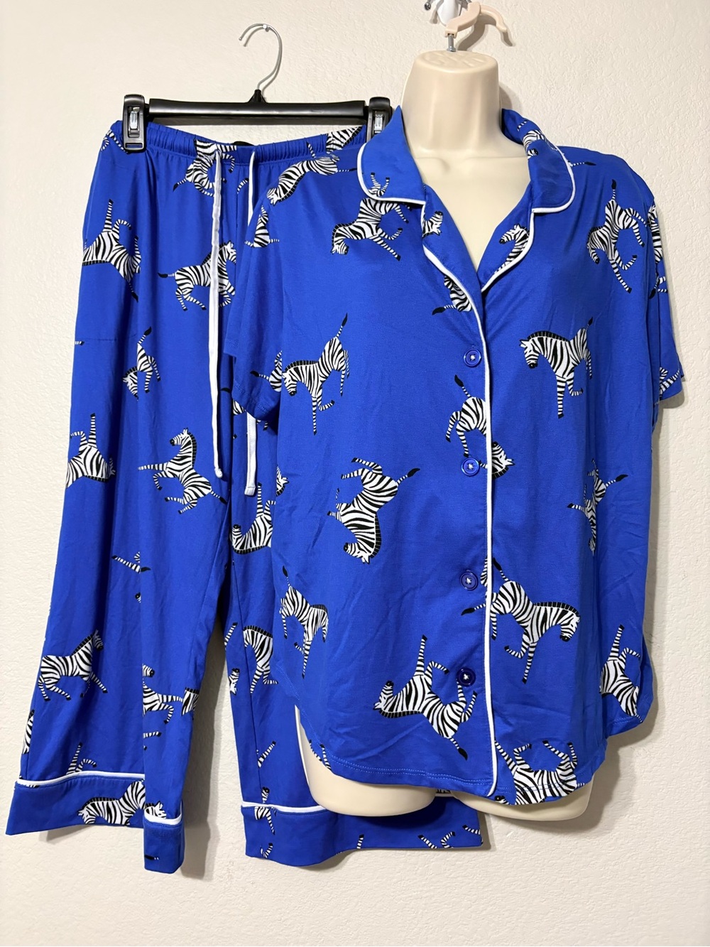 Room Service Colbalt Blue w Zebra Print Pajama Set Wide Cropped Leg Soft Cozy L‎